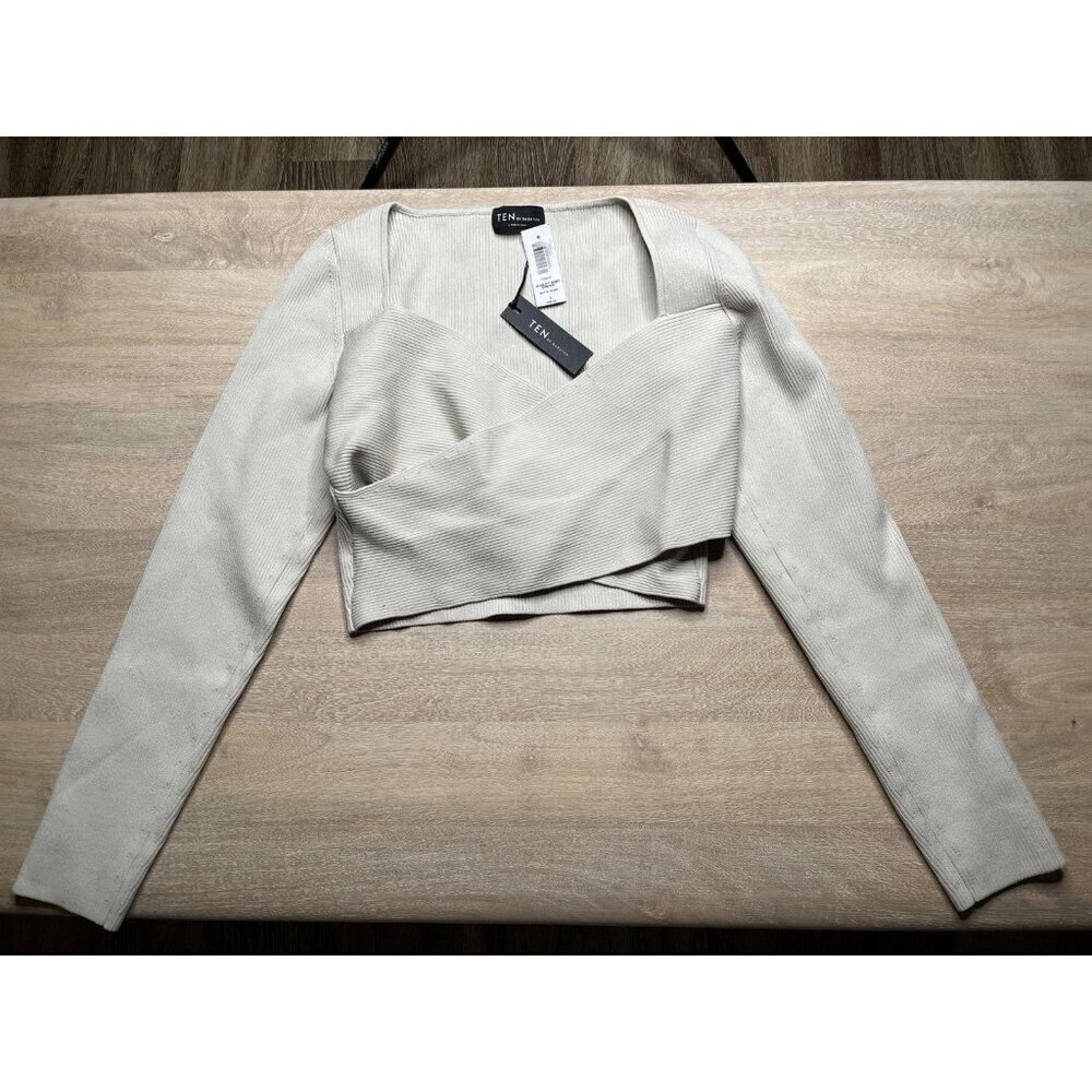 Ten by Babaton NWT Sculpt Knit Greek Longsleeve Cropped Crisscross Matte Pearl L - Picture 3 of 8
